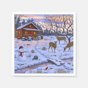 Winterhut Herten In Sneeuw Kerst Scene Servet