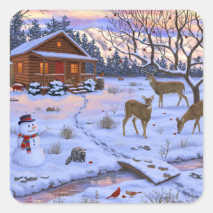 Winterhut Herten In Sneeuw Kerst Scene Vierkante Sticker