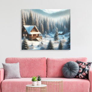 Winterhut in het bos canvas afdruk