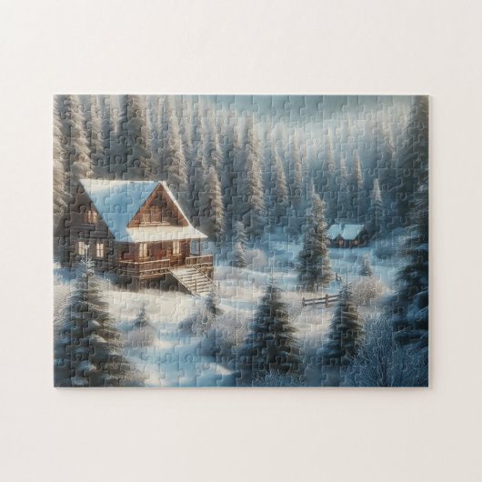 Winterhut in het bos legpuzzel (Horizontaal)