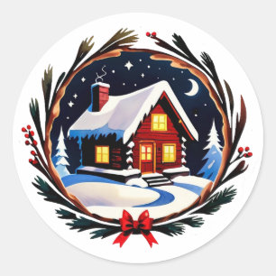 Winterhut omhuld in een feestelijke krans ronde sticker