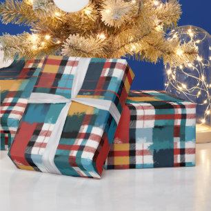 Winterhut Plaid in Blauwgroen geel rood en wit Cadeaupapier