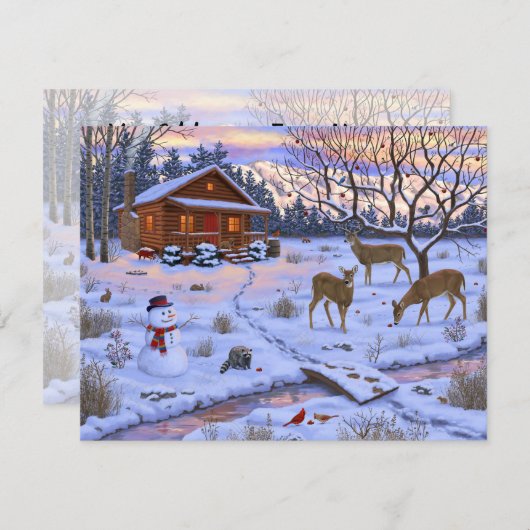 Winterhut Rendier In Sneeuw Kerst Scene Kaart (Voorkant / Achterkant)