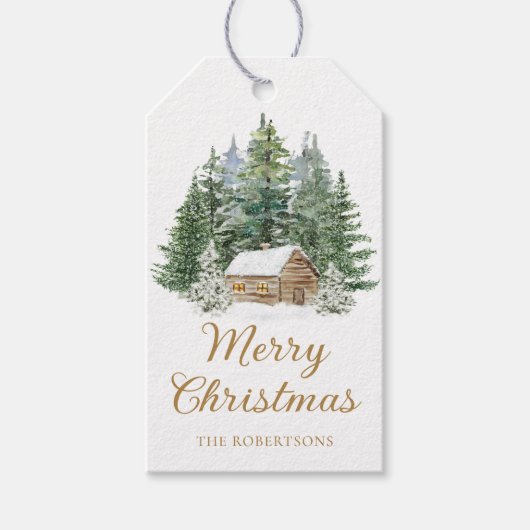 Winterhut Rustieke Woodland Waterverf Kerstmis Cadeaulabel (Voorkant)