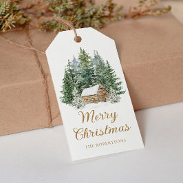 Winterhut Rustieke Woodland Waterverf Kerstmis Cadeaulabel