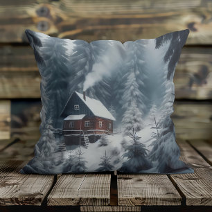 Winterhutscène met sneeuw en pijnbomen kussen