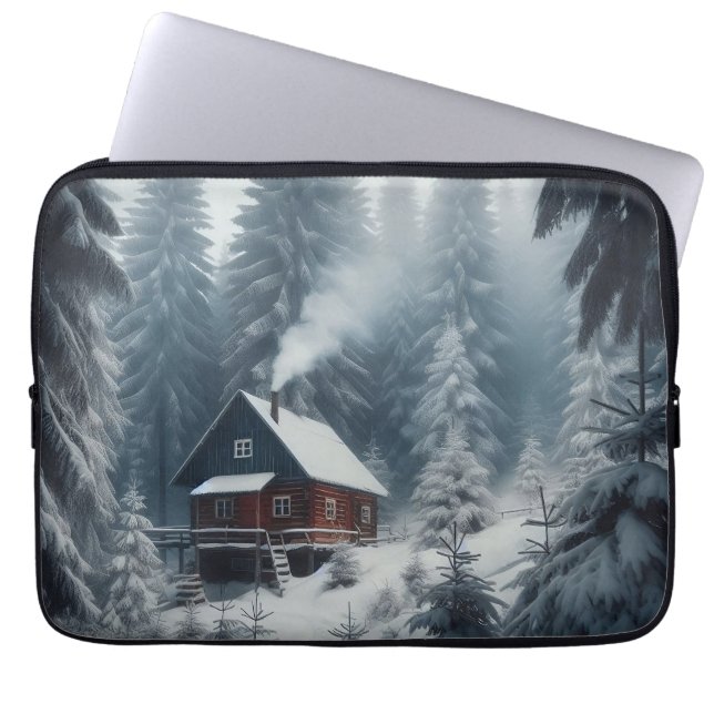 Winterhutscène met sneeuw en pijnbomen laptop sleeve (Voorkant)