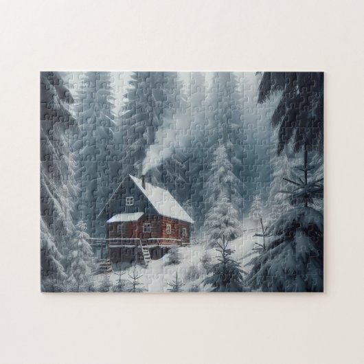 Winterhutscène met sneeuw en pijnbomen legpuzzel (Horizontaal)
