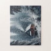 Winterhutscène met sneeuw en pijnbomen legpuzzel (Verticaal)