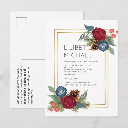 Winterhuwelijk Bourgondië Tealblauw Modern Briefkaart (Voorkant / Achterkant)