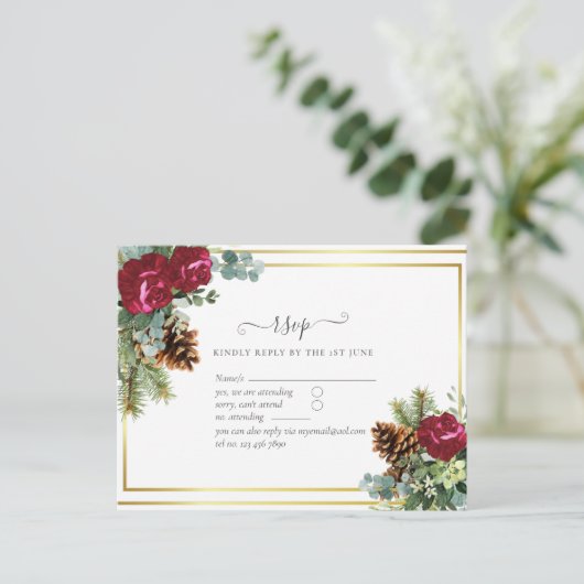 Winterhuwelijk Burgundyrozen Eucalyptus Briefkaart (Staand voorkant)