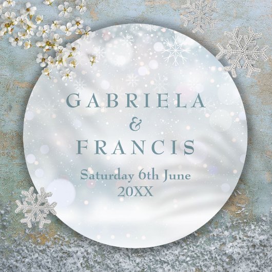 Winterhuwelijk Elegante Eerste Sneeuwvlokken Ronde Sticker
