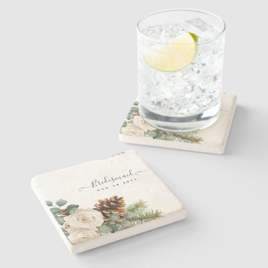 Winterhuwelijk Eucalyptus Groene Bladeren Witte Ro Stenen Onderzetter (Zijkant)