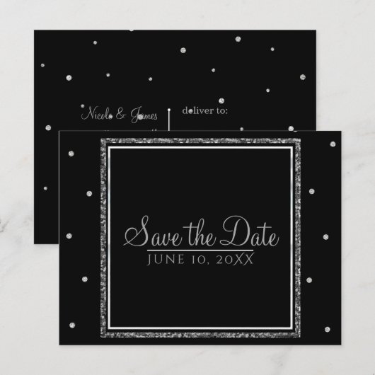 Winterhuwelijk Glam Zilver & Wit Save the Date Aankondigingskaart (Voorkant / Achterkant)