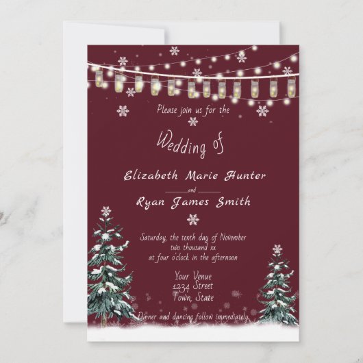 Winterhuwelijk Sneeuw Dennenbomen Modern Burgundy Kaart (Voorkant)