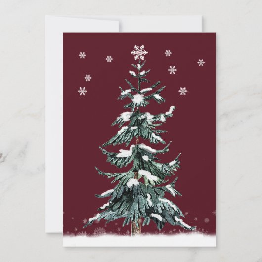 Winterhuwelijk Sneeuw Dennenbomen Modern Burgundy Kaart (Achterkant)