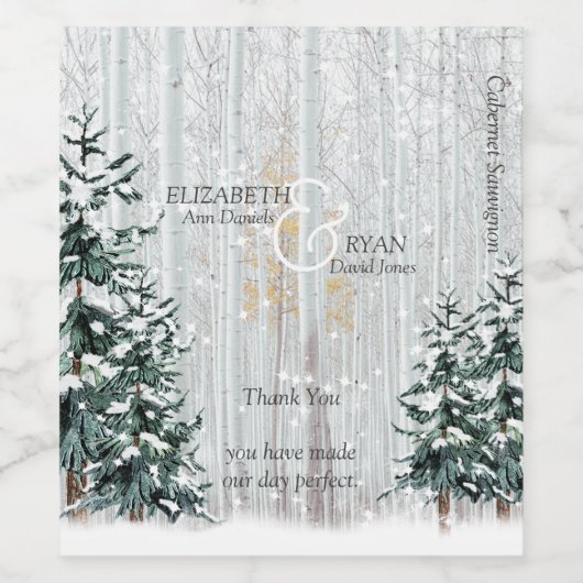Winterhuwelijk Witte Berk, Dennenbomen Wijn Etiket (Enkel label)