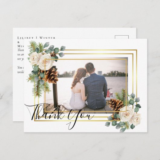 Winterhuwelijk Witte Rozen Goud Stofblauw Briefkaart (Voorkant / Achterkant)