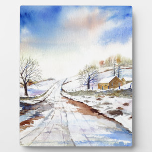 Winterige Laan Watercolor Landschapsschildering Fotoplaat