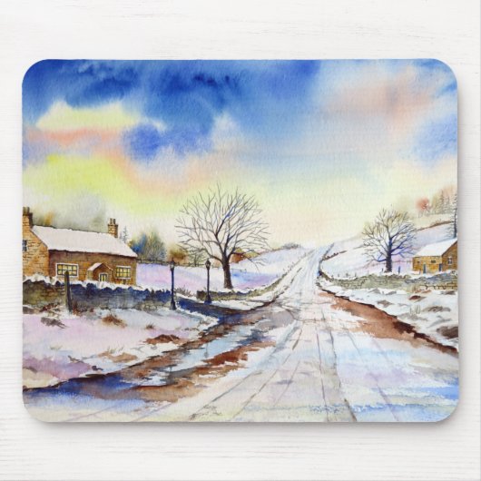 Winterige Laan Watercolor Landschapsschildering Muismat (Voorkant)