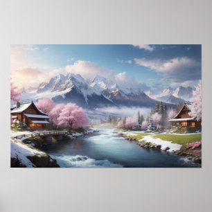 Winterjapans Sakura Tree met Mountain Uitzicht Poster