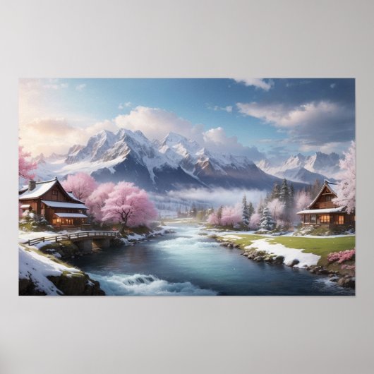 Winterjapans Sakura Tree met Mountain Uitzicht Poster (Voorkant)