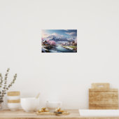 Winterjapans Sakura Tree met Mountain Uitzicht Poster (Keuken)