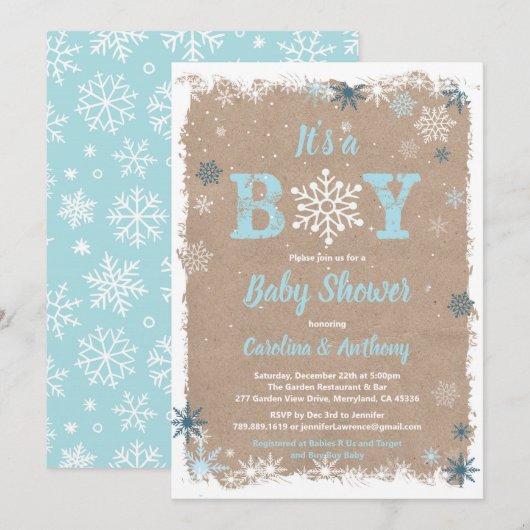 Winterjongen doucht sneeuwvlok rustiek een jongen kaart (Voorkant / Achterkant)