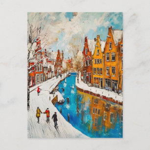 Winterkanaal met besneeuwde straten en kleurrijke briefkaart