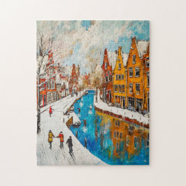Winterkanaal met besneeuwde straten en kleurrijke legpuzzel