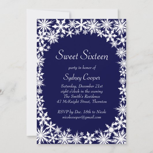 Winterkant Sweet Sixteen Uitnodiging - blauw (Voorkant)