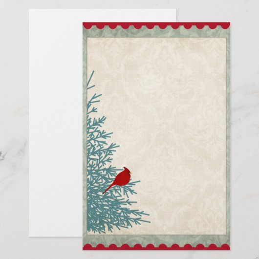 Winterkardinaal in damast rood goud briefpapier (Voorkant / Achterkant)