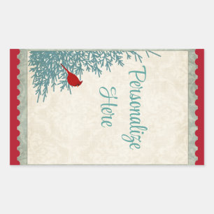 Winterkardinaal in  damast rood goud rechthoekige sticker