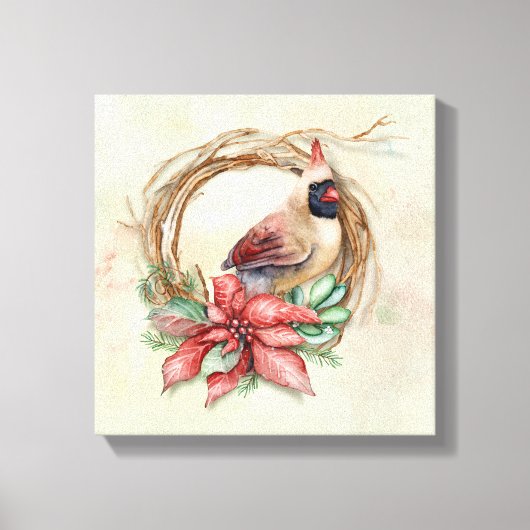 Winterkardinaal met Poinsettia Canvas Afdruk (Voorkant)