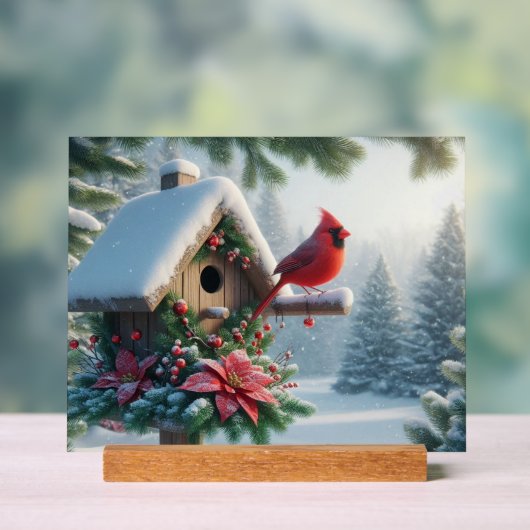 Winterkardinaal op een feestelijk vogelhuisje acryl bord (Neutraal)
