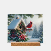 Winterkardinaal op een feestelijk vogelhuisje acryl bord (Voorkant)