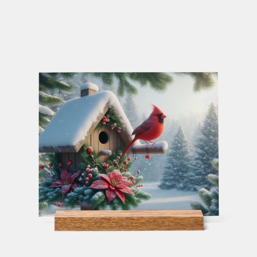 Winterkardinaal op een feestelijk vogelhuisje acryl bord (Voorkant)