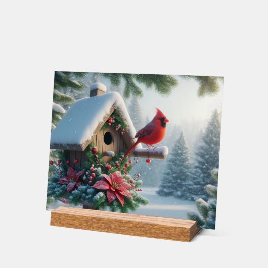 Winterkardinaal op een feestelijk vogelhuisje acryl bord (Hoek)