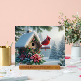 Winterkardinaal op een feestelijk vogelhuisje acryl bord