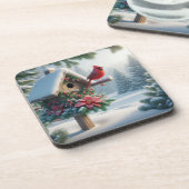 Winterkardinaal op een feestelijk vogelhuisje bier onderzetter (Linkerzijde)