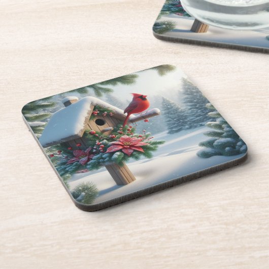 Winterkardinaal op een feestelijk vogelhuisje bier onderzetter (Linkerzijde)