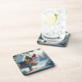 Winterkardinaal op een feestelijk vogelhuisje bier onderzetter (Rechterzijde)