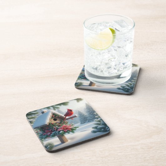 Winterkardinaal op een feestelijk vogelhuisje bier onderzetter (Rechterzijde)