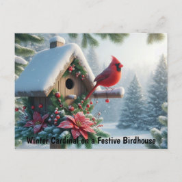 Winterkardinaal op een feestelijk vogelhuisje briefkaart