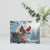 Winterkardinaal op een feestelijk vogelhuisje briefkaart (Staand voorkant)