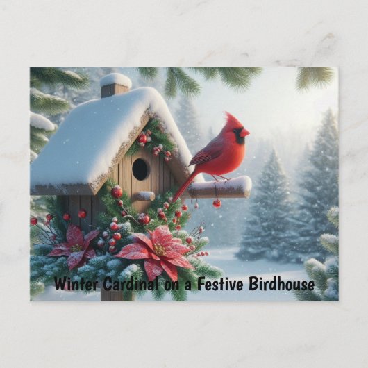 Winterkardinaal op een feestelijk vogelhuisje briefkaart (Voorkant)
