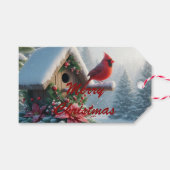 Winterkardinaal op een feestelijk vogelhuisje cadeaulabel (Voorkant (Horizontaal))