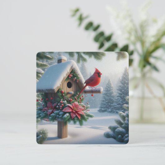 Winterkardinaal op een feestelijk vogelhuisje feestdagenkaart (Staand voorkant)