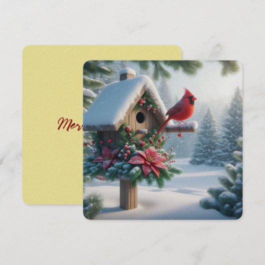 Winterkardinaal op een feestelijk vogelhuisje feestdagenkaart (Voorkant / Achterkant)