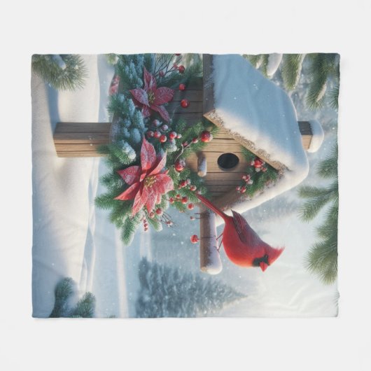 Winterkardinaal op een feestelijk vogelhuisje fleece deken (Voorkant (Horizontaal))